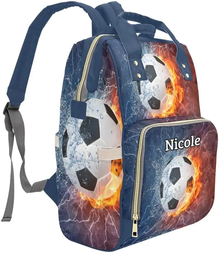 Personalized Diaper Backpack Soccer Ball on Fire Water Custom Name Multi Function Diaper Bag Travel Daypack Nursing Nappy Mommy Bag