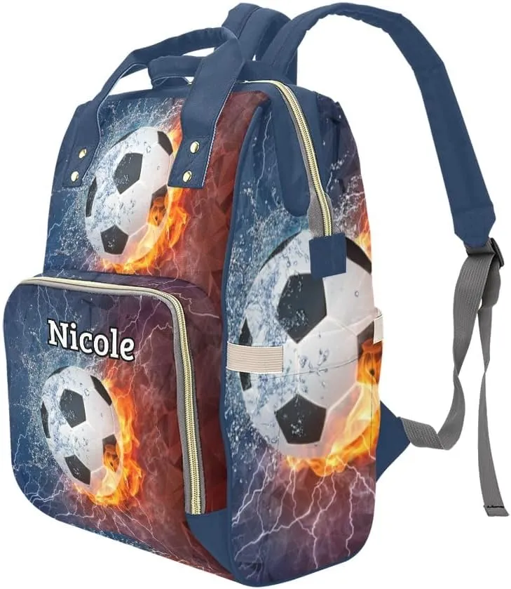 Personalized Diaper Backpack Soccer Ball on Fire Water Custom Name Multi Function Diaper Bag Travel Daypack Nursing Nappy Mommy Bag