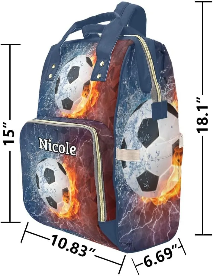 Personalized Diaper Backpack Soccer Ball on Fire Water Custom Name Multi Function Diaper Bag Travel Daypack Nursing Nappy Mommy Bag