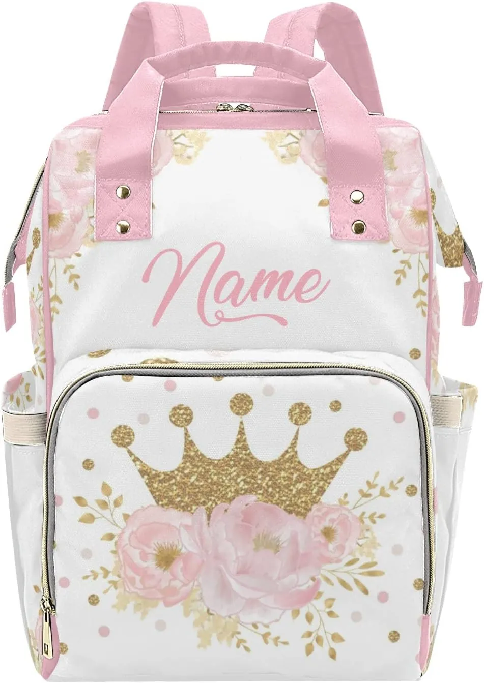 Personalized Diaper Bag Backpack - Baby Girl Diaper Bag Backpack for Dad Boy Men with Name - Pink Floral Gold Crown Princess