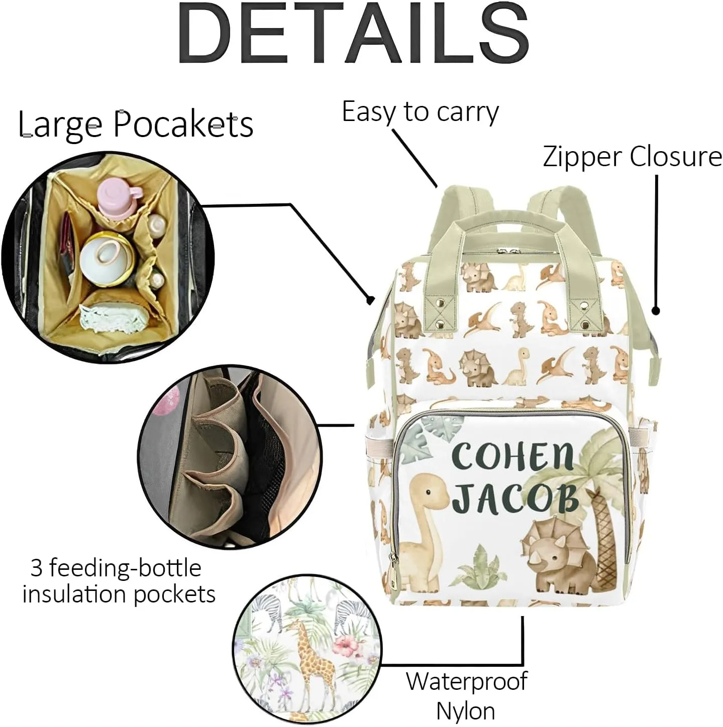 Personalized Diaper Bag Backpack for Women, Custom Name Nursing Mommy Daypack, Cute Dinosaur Diaper Bag for Girls Boys, New Mom Gifts
