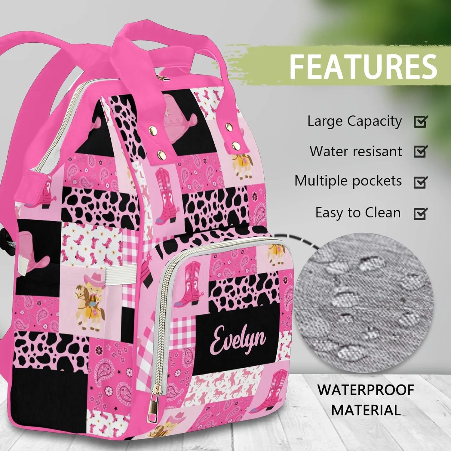 Personalized Diaper Bag Backpack Tote,Cowgirl Pink Quilt, Custom Diaper Bags for Shower Gift