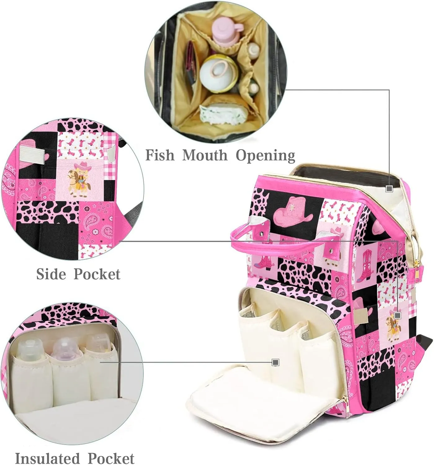 Personalized Diaper Bag Backpack Tote,Cowgirl Pink Quilt, Custom Diaper Bags for Shower Gift