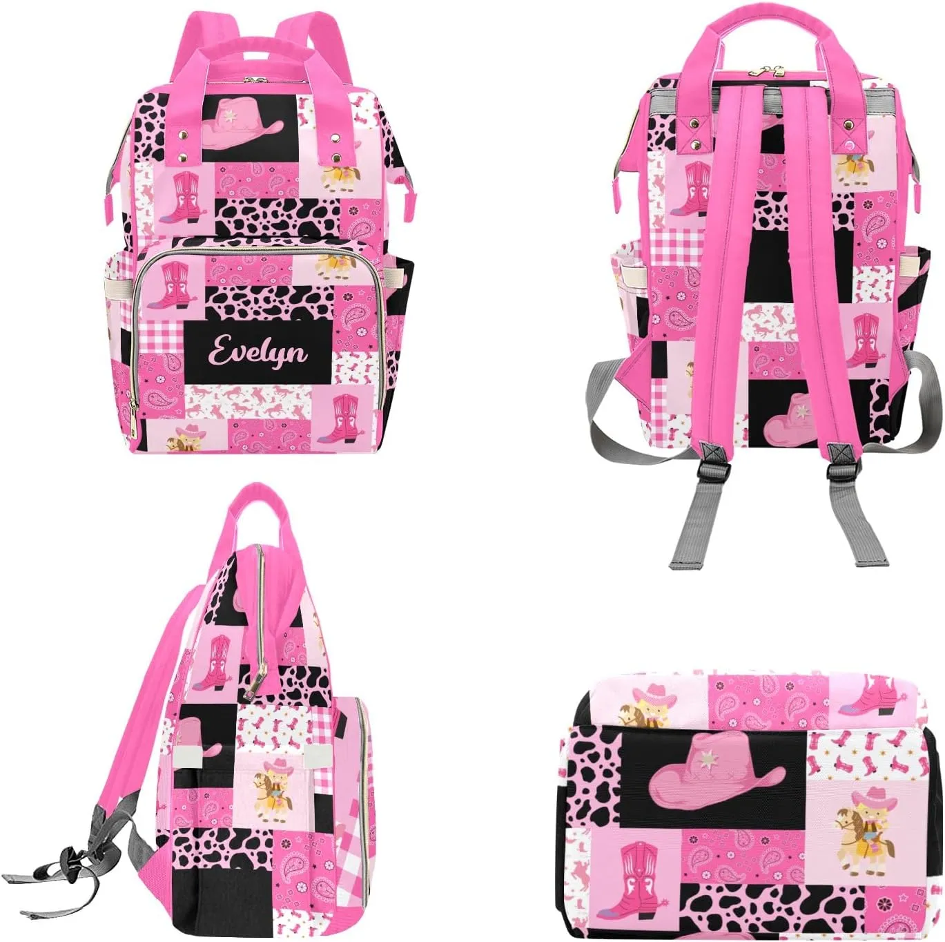 Personalized Diaper Bag Backpack Tote,Cowgirl Pink Quilt, Custom Diaper Bags for Shower Gift