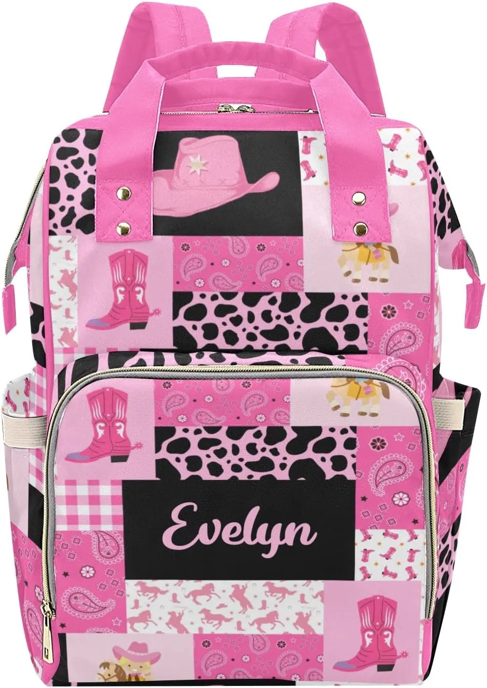 Personalized Diaper Bag Backpack Tote,Cowgirl Pink Quilt, Custom Diaper Bags for Shower Gift