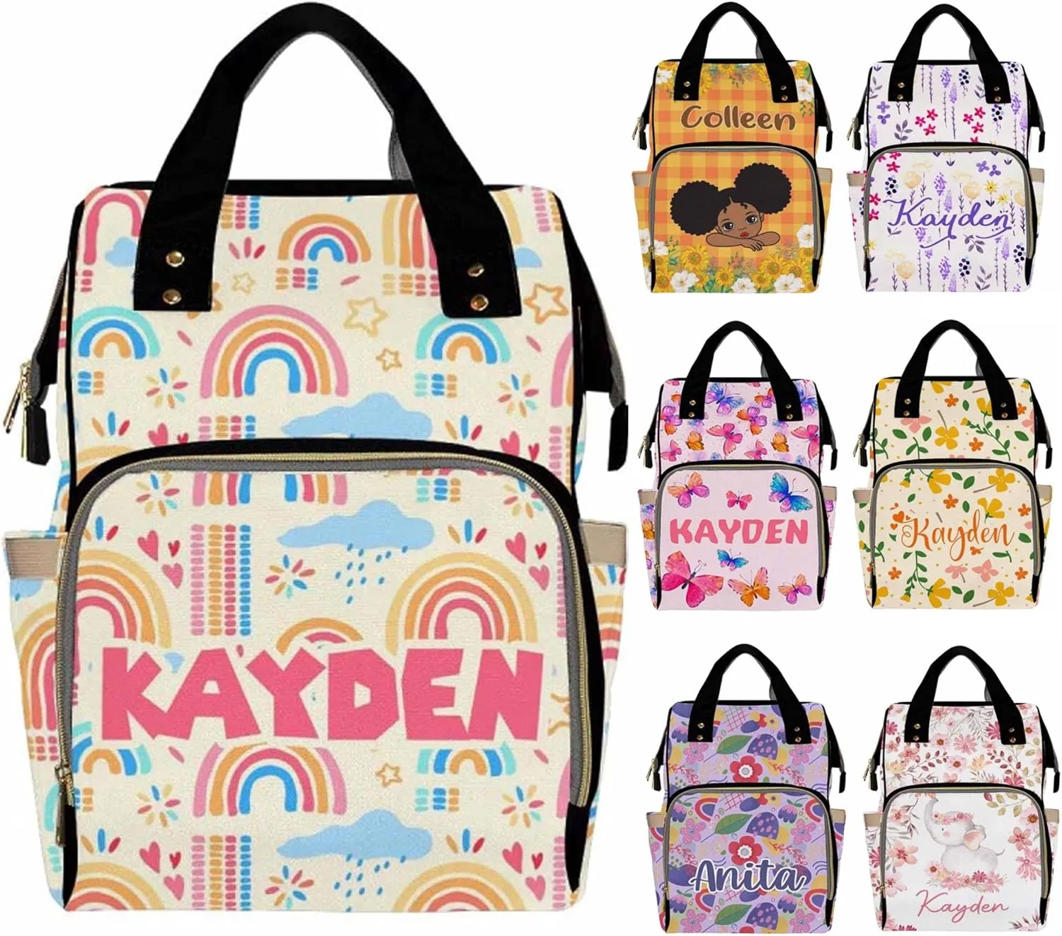 Personalized Diaper Bag Backpack with Name for Baby Girls, Custom Name Baby Bag Nursing Nappy Bag Travel Tote Bag Handbag Shoulder Bag Gifts for Mom Girl, Customized Kids Schoolbag, Baby Shower Gifts