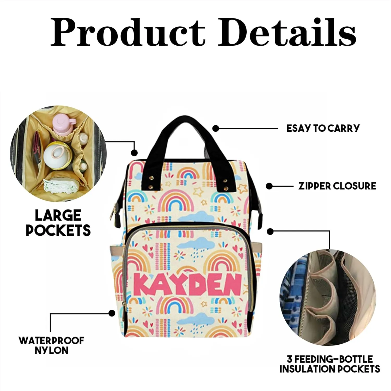 Personalized Diaper Bag Backpack with Name for Baby Girls, Custom Name Baby Bag Nursing Nappy Bag Travel Tote Bag Handbag Shoulder Bag Gifts for Mom Girl, Customized Kids Schoolbag, Baby Shower Gifts