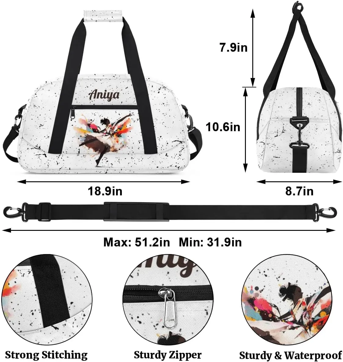 Personalized Gym Bag for Kids Girls, Black Girls Dance Custom Small Duffel Bag with Padded Handles Carry On Weekend Travel Bag for School Practice Ball Games