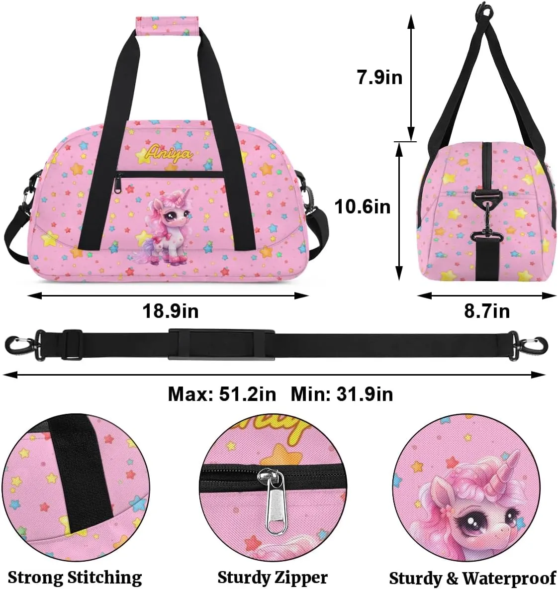 Personalized Gym Bag for Kids Girls, Cute Unicorn Pink Stars Custom Small Duffel Bag with Padded Handles Carry On Weekend Travel Bag for School Practice Ball Games