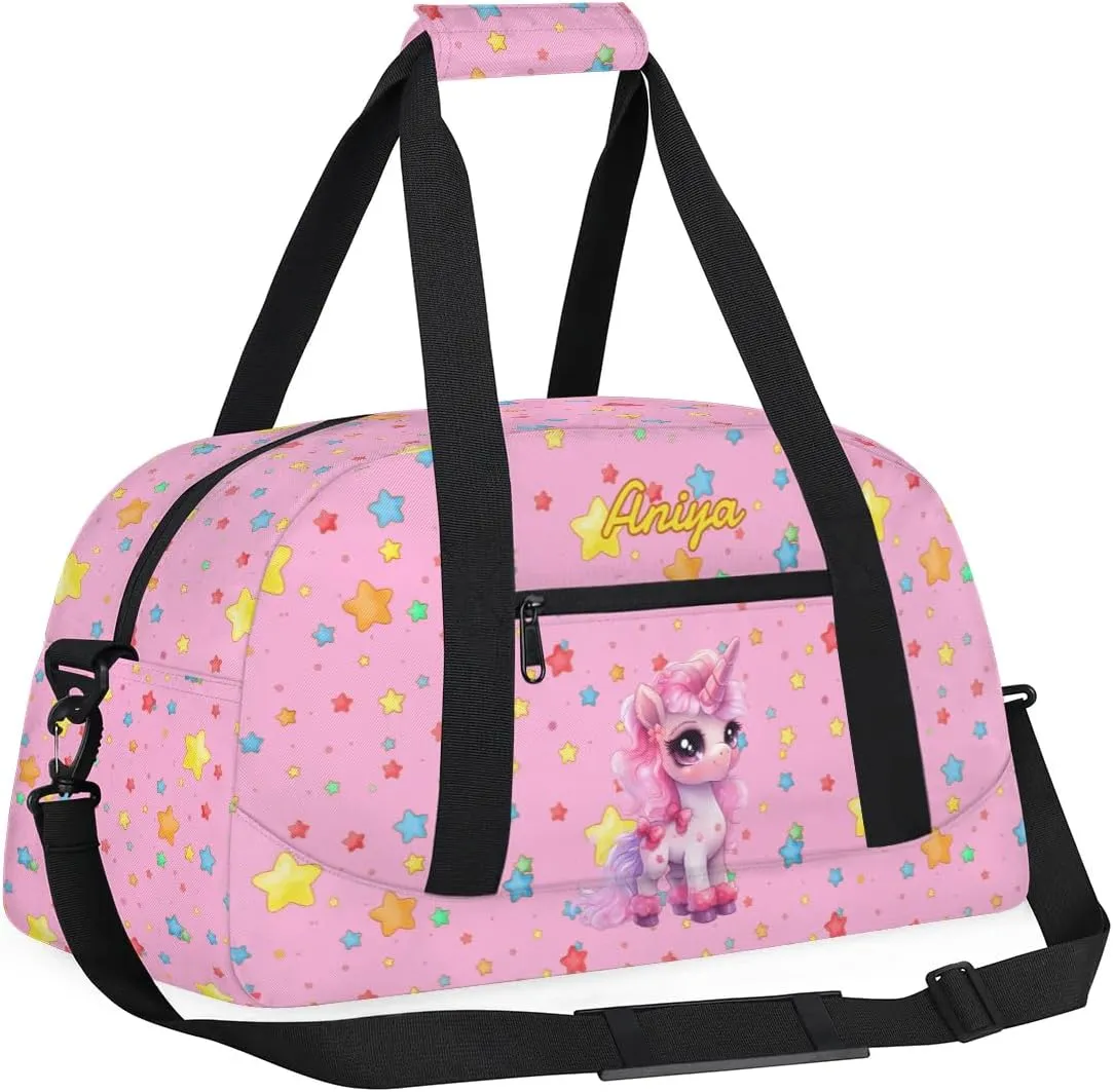 Personalized Gym Bag for Kids Girls, Cute Unicorn Pink Stars Custom Small Duffel Bag with Padded Handles Carry On Weekend Travel Bag for School Practice Ball Games