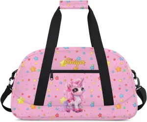 Personalized Gym Bag for Kids Girls, Cute Unicorn Pink Stars Custom Small Duffel Bag with Padded Handles Carry On Weekend Travel Bag for School Practice Ball Games