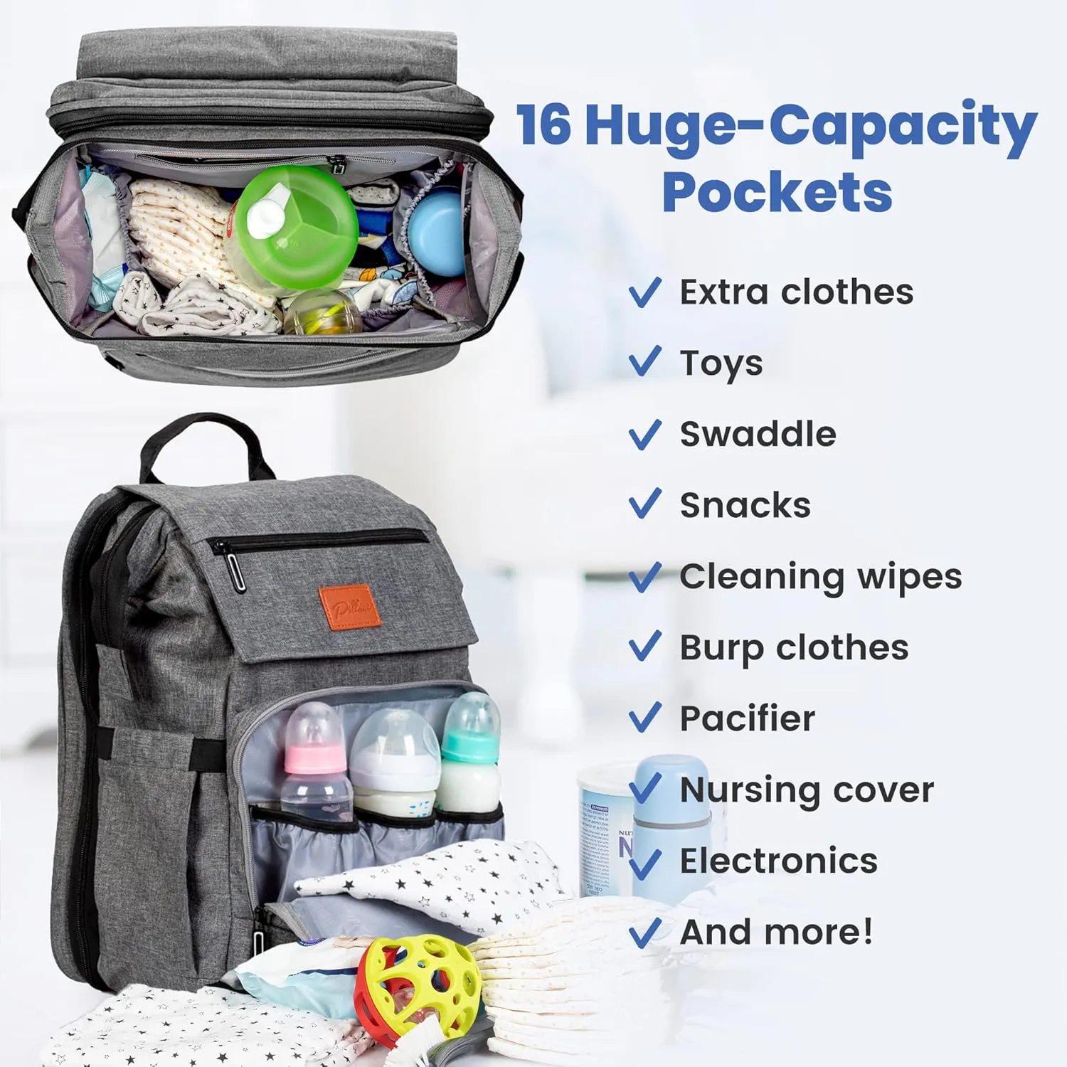 PILLANI Baby Diaper Bag Backpack - Large Bag for Boys & Girls - Diaper Backpack - Travel Diaper Bags with Changing Pad - Baby Registry Search Stuff & Shower Gifts - Newborn Essentials Must Haves Mom