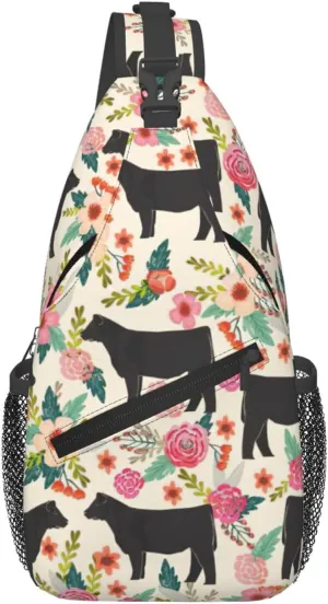Pink Flower Show Steer Cows Cattle Men'S Casual Chest Crossbody Bag, Lightweight Durable Shoulder Sling Pack For Daily Use, Travel, And Outdoor.