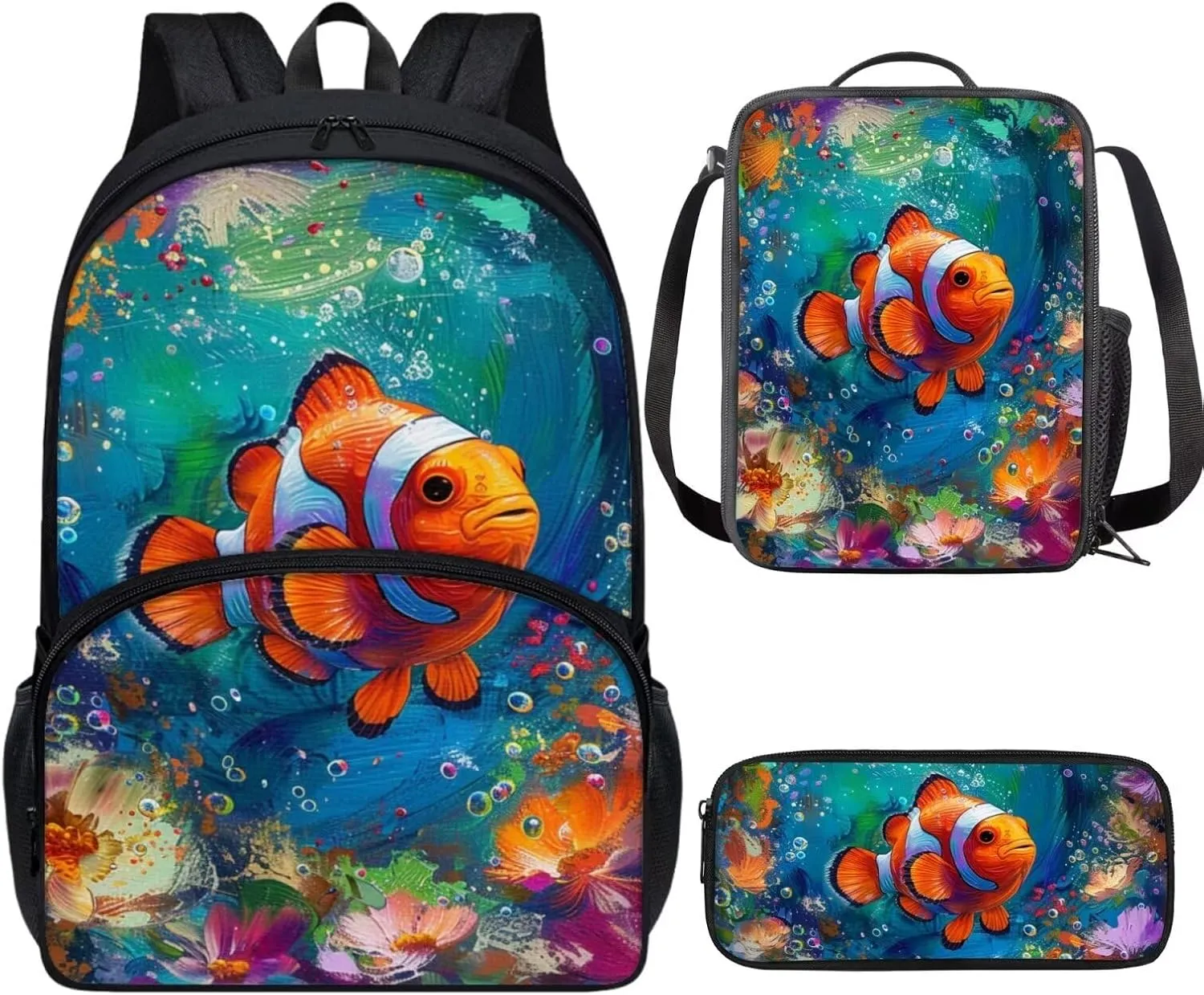 PinUp Angel Cute Clownfish Print Kids Art Oil Painting Animal Pattern Backpack with Lunch Bag Pencil Bag for Elementary Primary School Bags for Children Book Bags Gifts