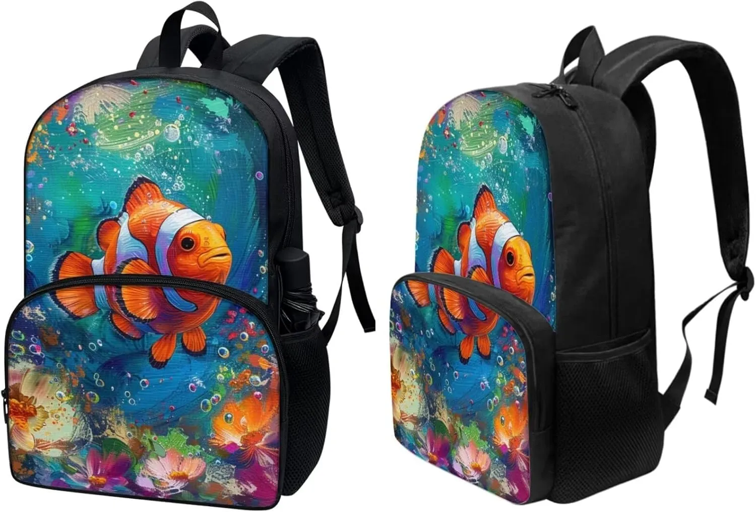 PinUp Angel Cute Clownfish Print Kids Art Oil Painting Animal Pattern Backpack with Lunch Bag Pencil Bag for Elementary Primary School Bags for Children Book Bags Gifts