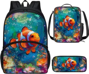 PinUp Angel Cute Clownfish Print Kids Art Oil Painting Animal Pattern Backpack with Lunch Bag Pencil Bag for Elementary Primary School Bags for Children Book Bags Gifts