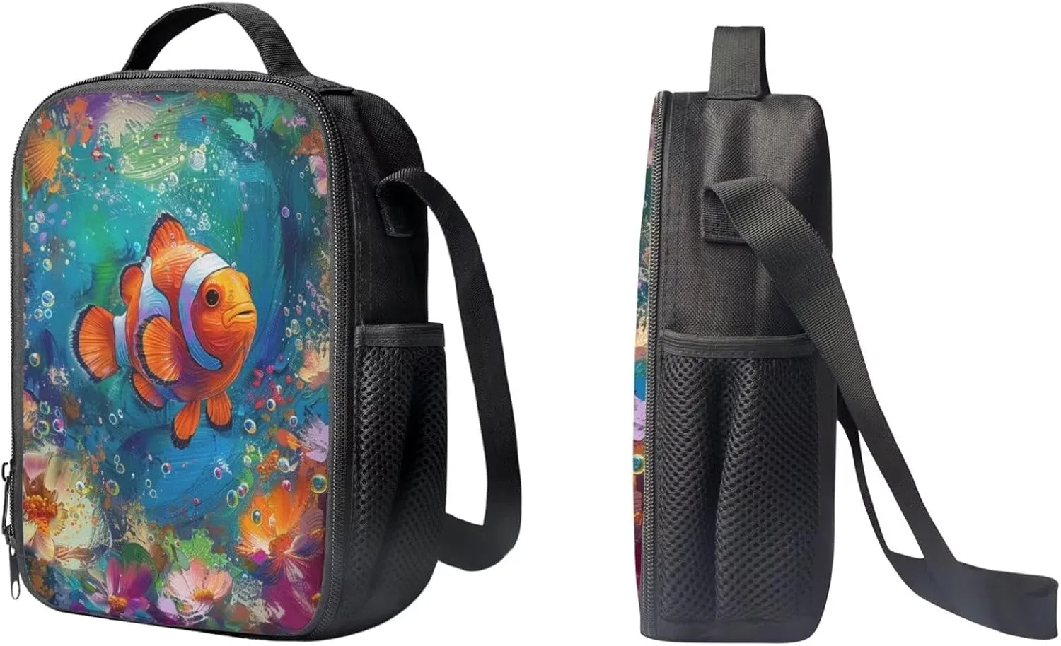 PinUp Angel Cute Clownfish Print Kids Art Oil Painting Animal Pattern Backpack with Lunch Bag Pencil Bag for Elementary Primary School Bags for Children Book Bags Gifts