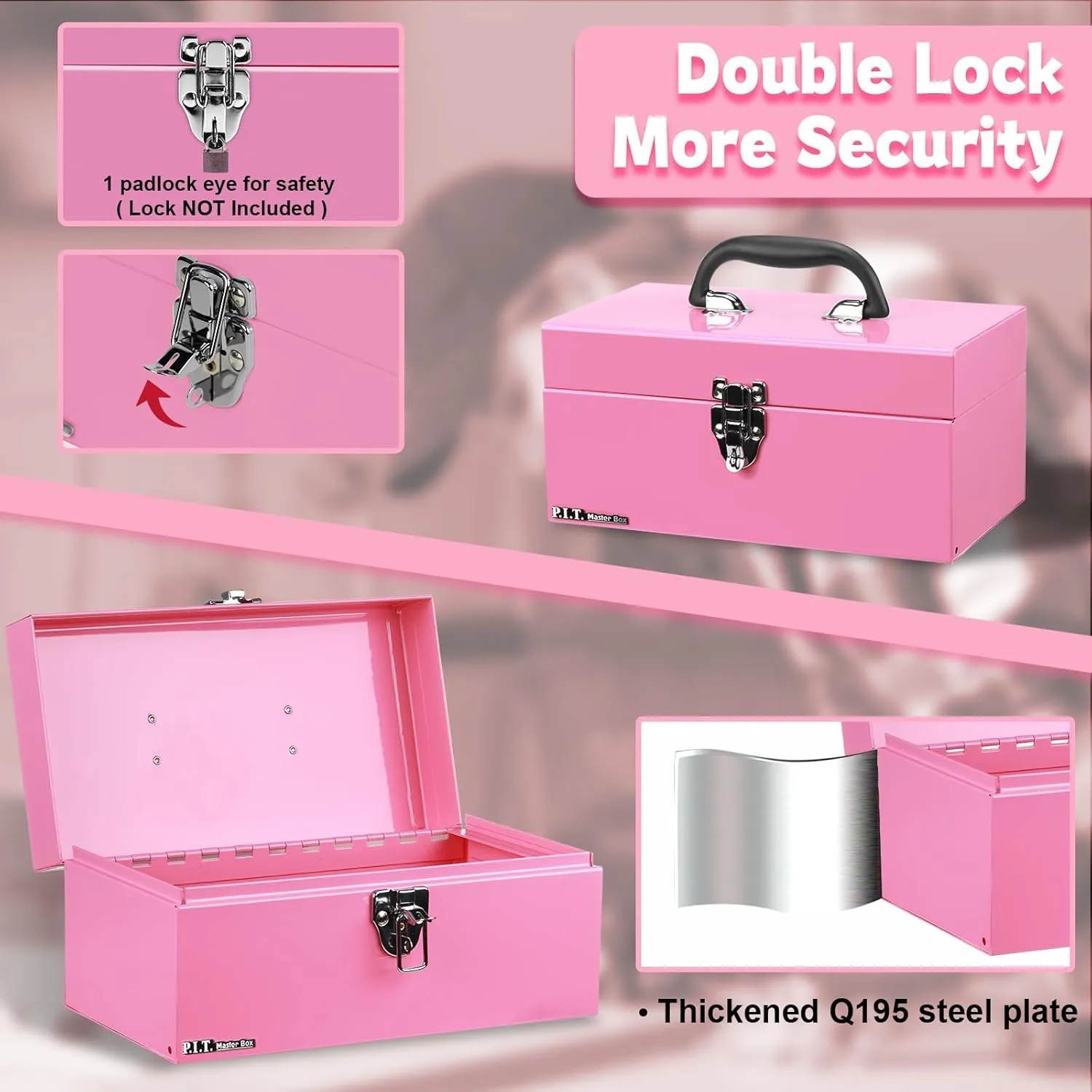P.I.T. 12' Small Tool Box with Removable Tray, Heavy Steel Construction, Pink, Lockable, Mini Tool Case for Household & Warehouse Storage