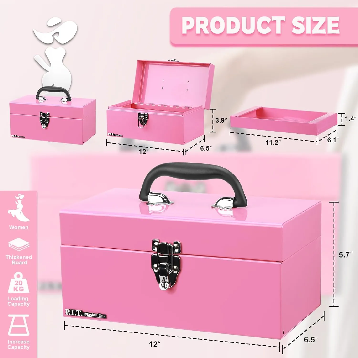 P.I.T. 12' Small Tool Box with Removable Tray, Heavy Steel Construction, Pink, Lockable, Mini Tool Case for Household & Warehouse Storage