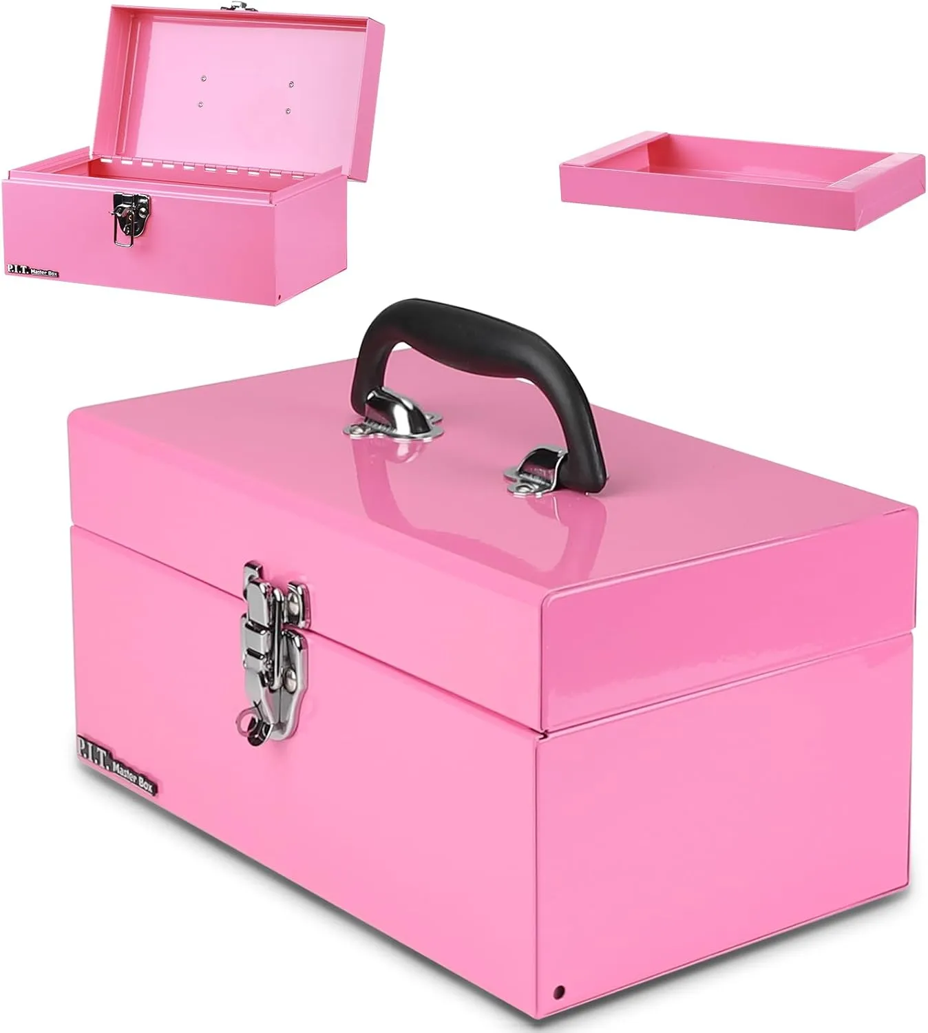 P.I.T. 12' Small Tool Box with Removable Tray, Heavy Steel Construction, Pink, Lockable, Mini Tool Case for Household & Warehouse Storage