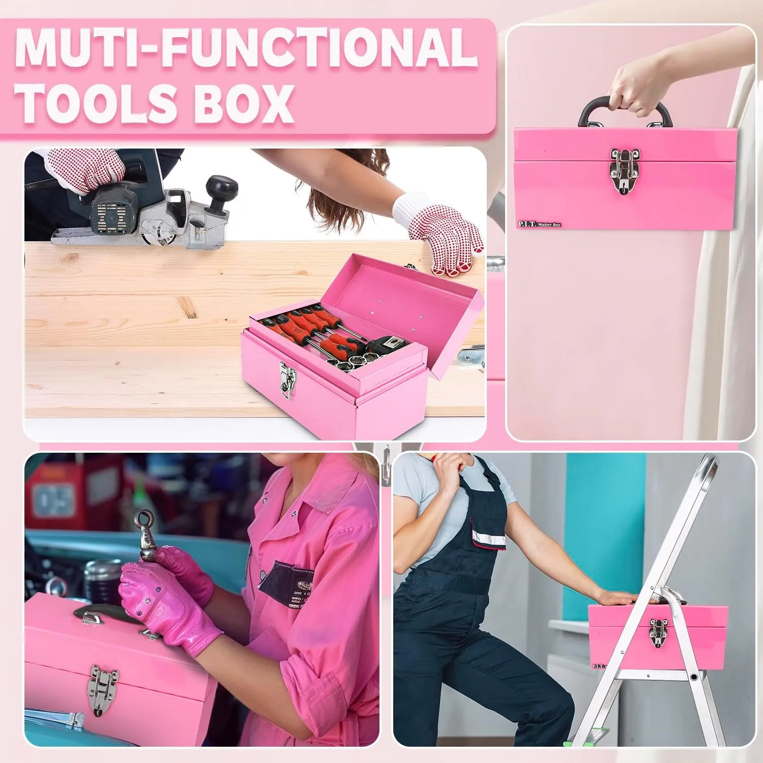 P.I.T. 12' Small Tool Box with Removable Tray, Heavy Steel Construction, Pink, Lockable, Mini Tool Case for Household & Warehouse Storage