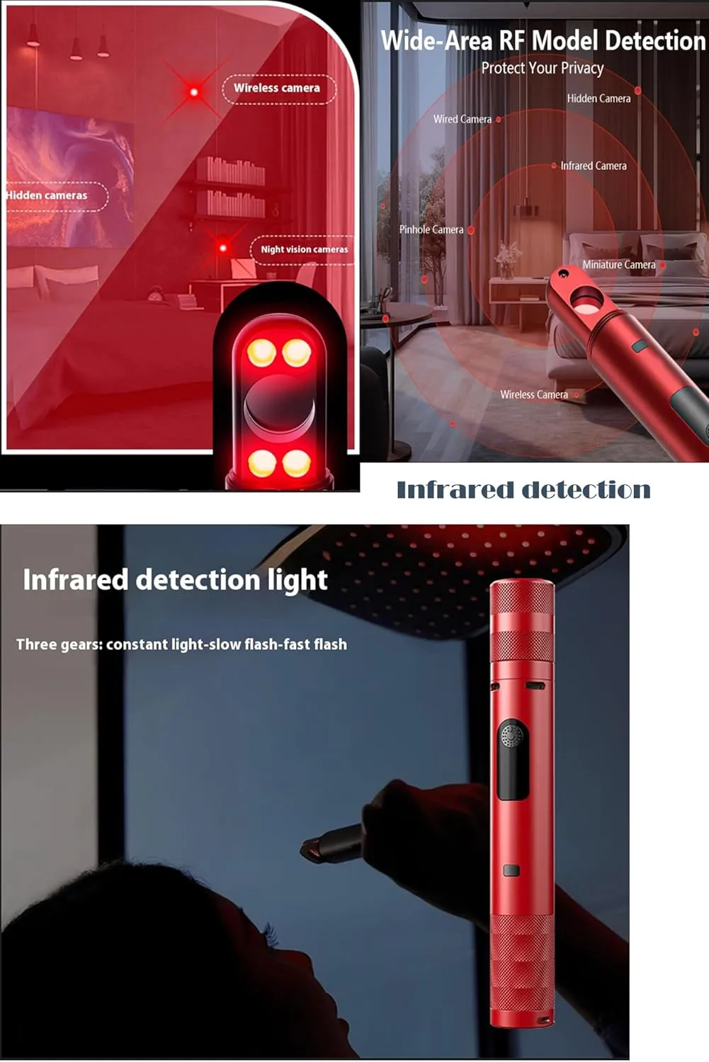 Portable 3 in 1 LED Zoomable Flashlight with Hidden Camera Detectors and Door Alarm Warning,Rechargeable Self Protective Tactical Flashlight for Travel,Camping,Emergency,Gifts For Men&Women (Red)