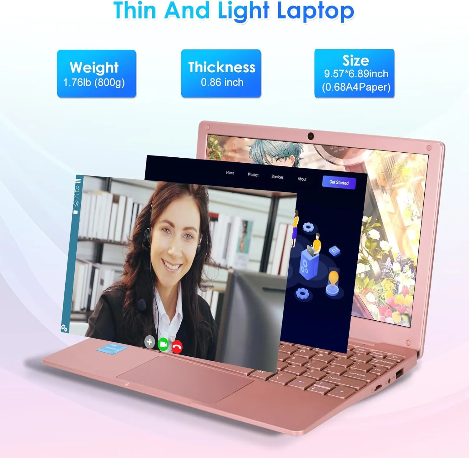 Portable Mini Education Laptop Computer with in tel Celeron N4020 CPU 8GB RAM 128GB SSD HD IPS Screen, Laptop Computer for Learning, Office Work (Rose Gold, 8GB 128GB)