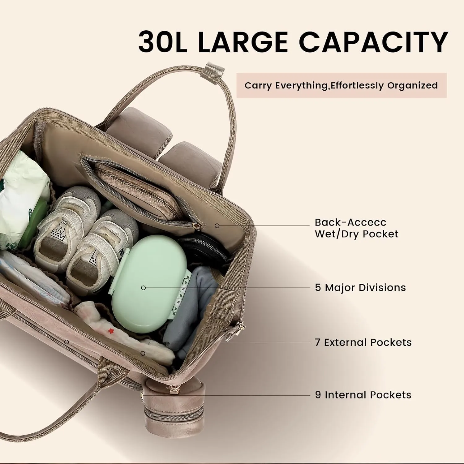 Premium Vegan Leather Diaper Bag Backpack with Waterproof Changing Pad – Reinforced Stitching & Zippers, Baby Bag for Boy Girl, Stroller Straps, Ergonomic Design for Traveling Moms, Taupe