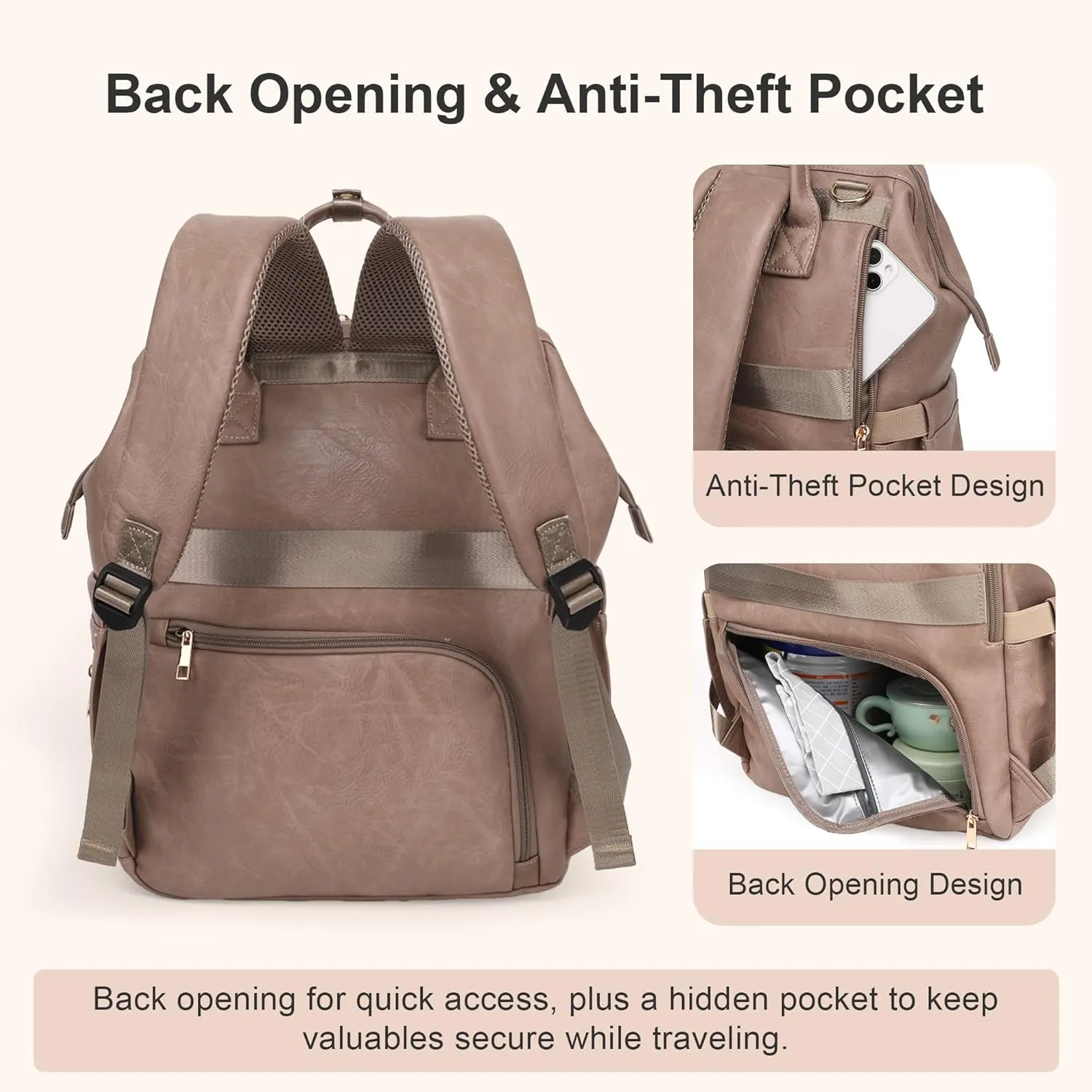 Premium Vegan Leather Diaper Bag Backpack with Waterproof Changing Pad – Reinforced Stitching & Zippers, Baby Bag for Boy Girl, Stroller Straps, Ergonomic Design for Traveling Moms, Taupe
