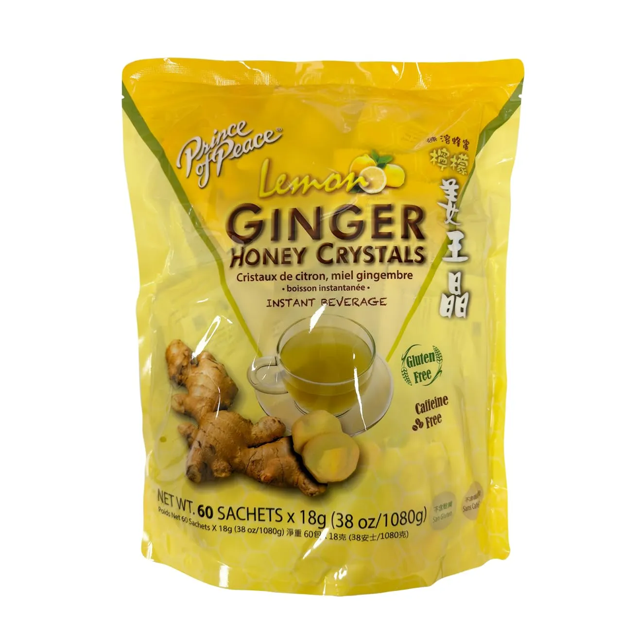 Prince of Peace Instant Ginger Honey Crystals with Lemon, 60 Sachets – Instant Hot or Cold Beverage – Easy to Brew – Drink Like a Tea – Caffeine and Gluten Free – Real Ginger