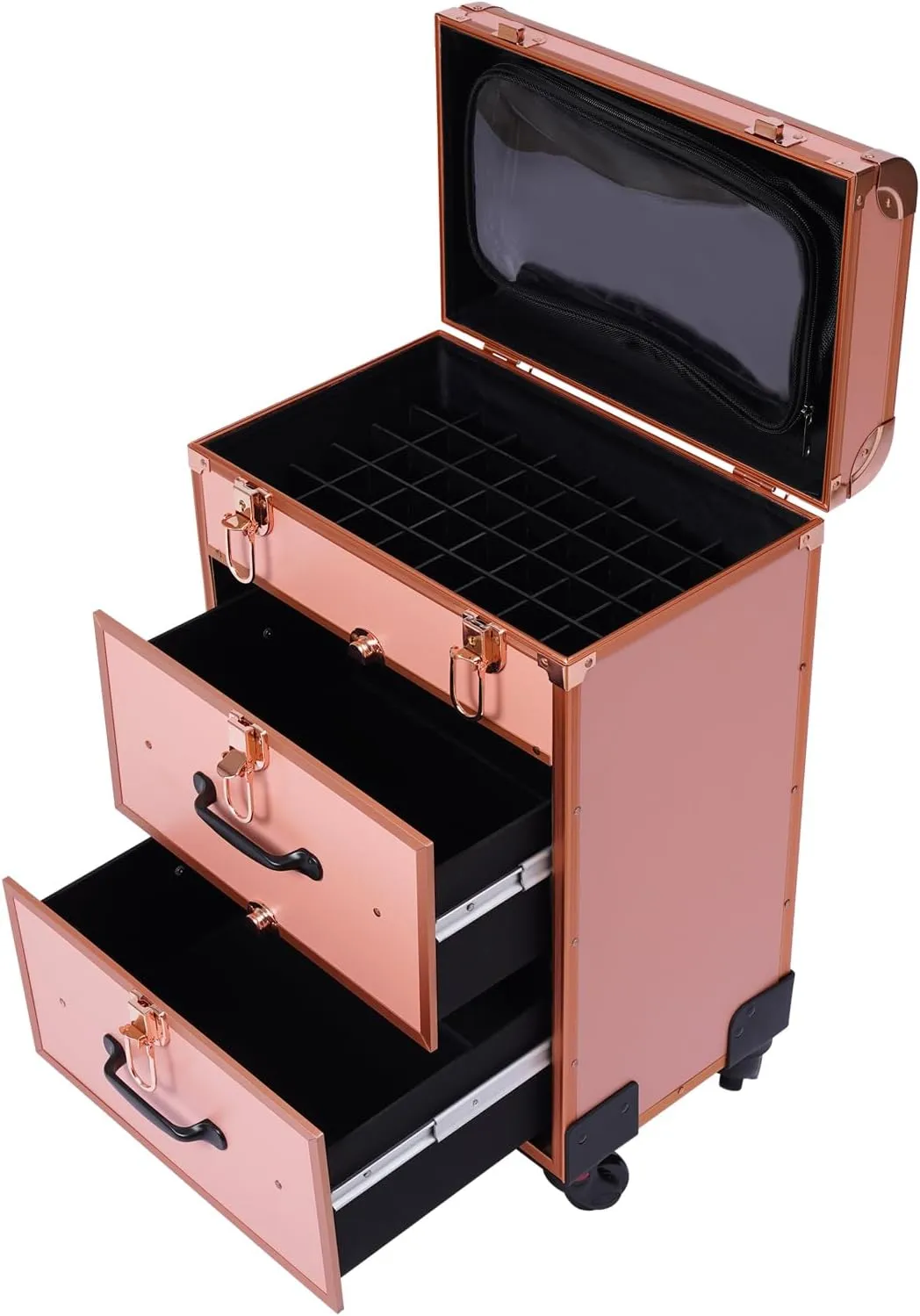 Professional 3 in 1 Rolling Makeup Train Case with Drawers,Large Storage Cosmetic Trolley with Locks,Aluminum Make Up Case for Travel