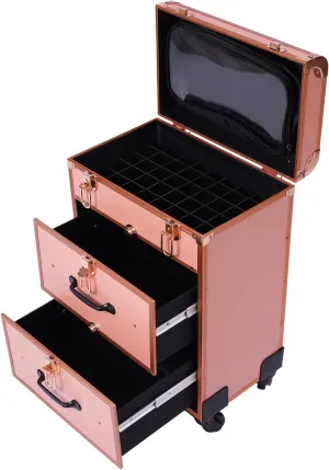 Professional 3 in 1 Rolling Makeup Train Case with Drawers,Large Storage Cosmetic Trolley with Locks,Aluminum Make Up Case for Travel