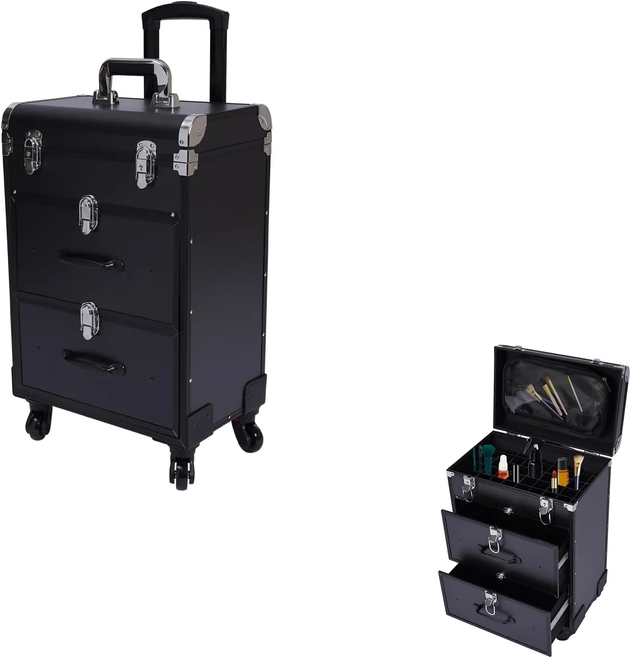 Professional Rolling Makeup Case, Large Cosmetic Trolley with Locks, Make up Bag with dividers, Cosmetics Storage Organizer for On The Go Makeup/Nail Art/Hair Styling 14.2 * 9.1 * 22.8inch