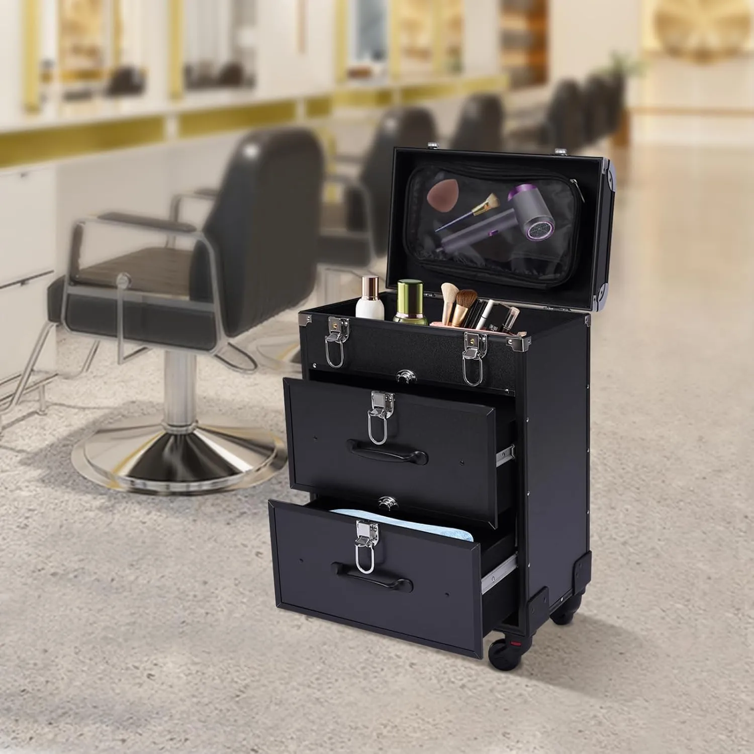 Professional Rolling Makeup Case Make up Bag with Dividers Cosmetics Storage Organizer with Swivel Wheels for on the Go Makeup/Nail Art/Hair Styling (Black)