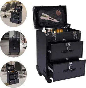 Professional Rolling Makeup Case Make up Bag with Dividers Cosmetics Storage Organizer with Swivel Wheels for on the Go Makeup/Nail Art/Hair Styling (Black)