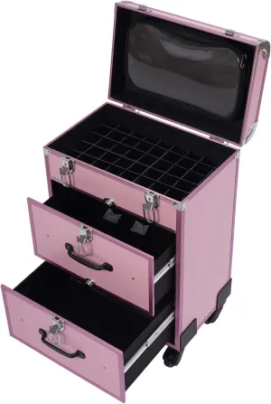 Professional Rolling Makeup Train Case with Drawers, Large Cosmetic Trolley with Locks, Cosmetics Storage Organizer with 4 Wheels for Travel Makeup/Nail Art/Hair Styling (Pink)