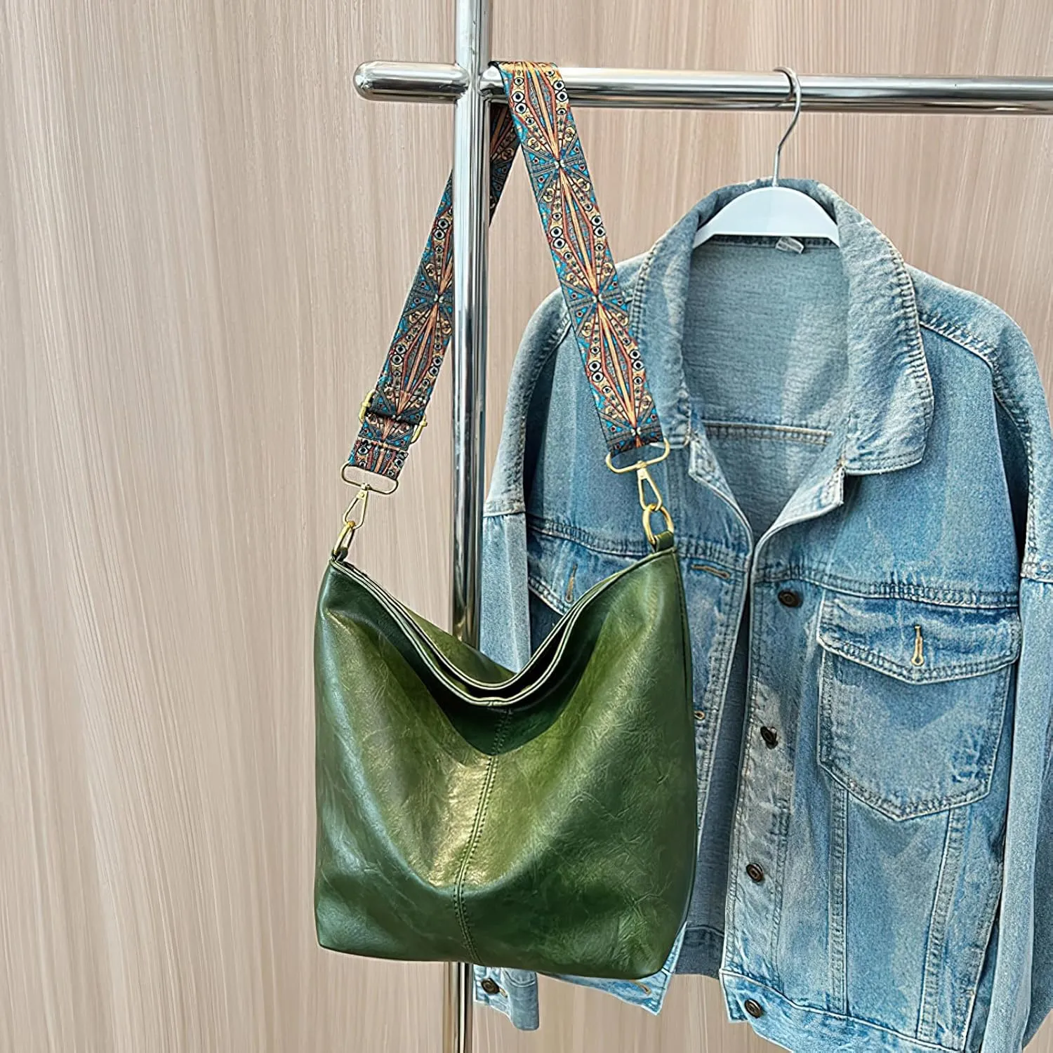 PU Leather Shoulder Bags for Women with Adjustable Guitar Strap Vintage Tote Bag Hobo Purse Vegan Handbag