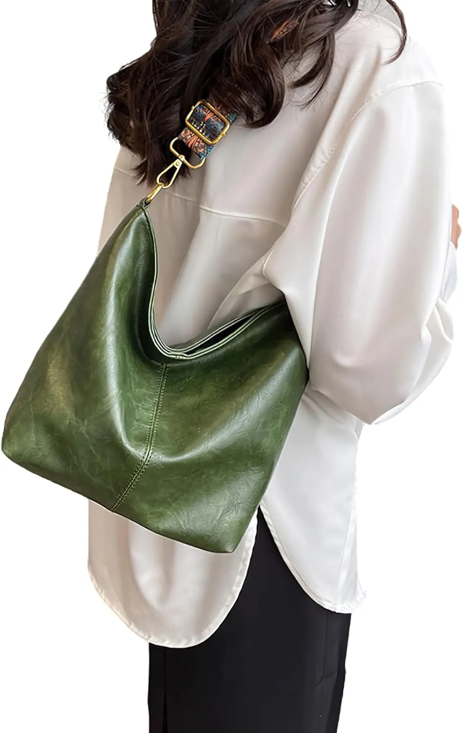 PU Leather Shoulder Bags for Women with Adjustable Guitar Strap Vintage Tote Bag Hobo Purse Vegan Handbag