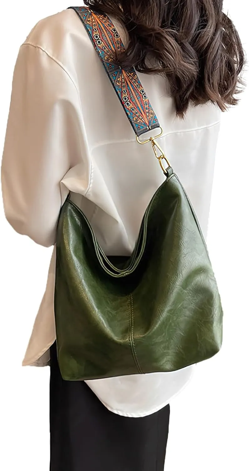PU Leather Shoulder Bags for Women with Adjustable Guitar Strap Vintage Tote Bag Hobo Purse Vegan Handbag