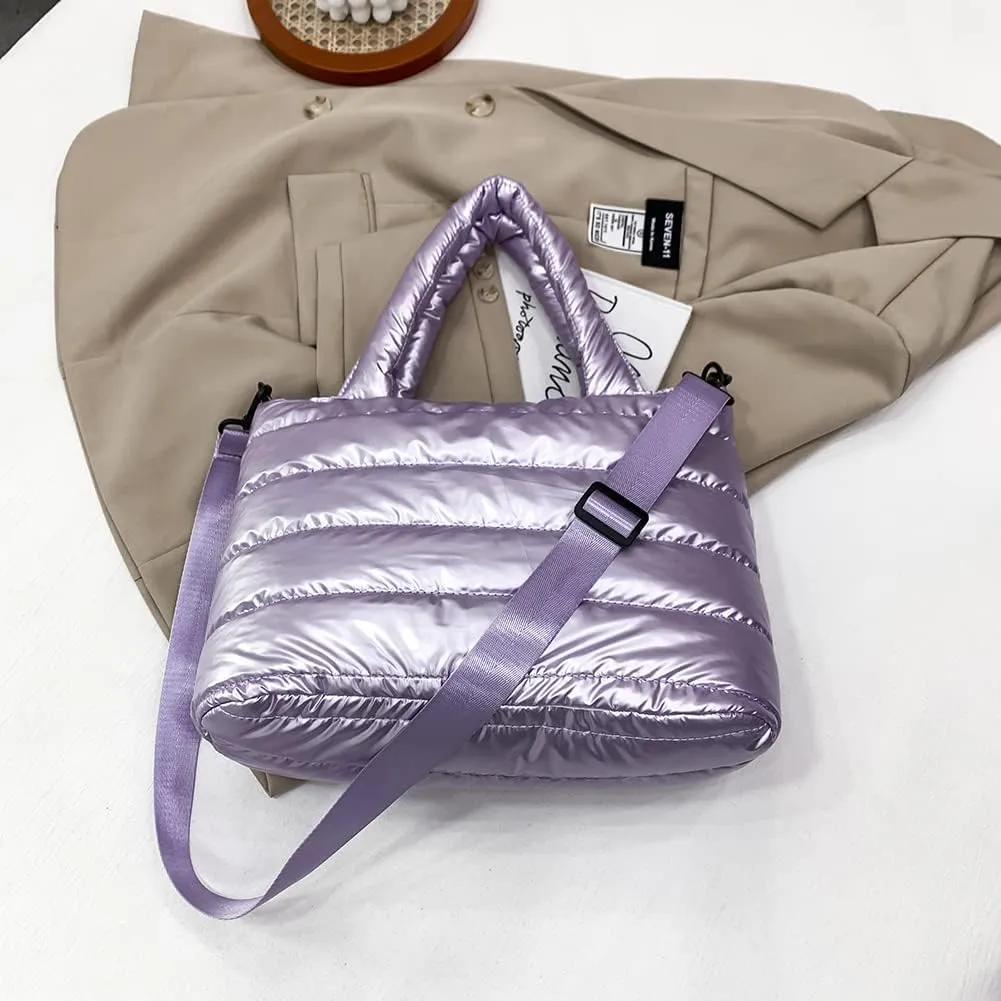 Puffer Tote Bag for Women, Quilted Cotton Padded Designer Handbag, Winter Down Padded Shoulder Bag
