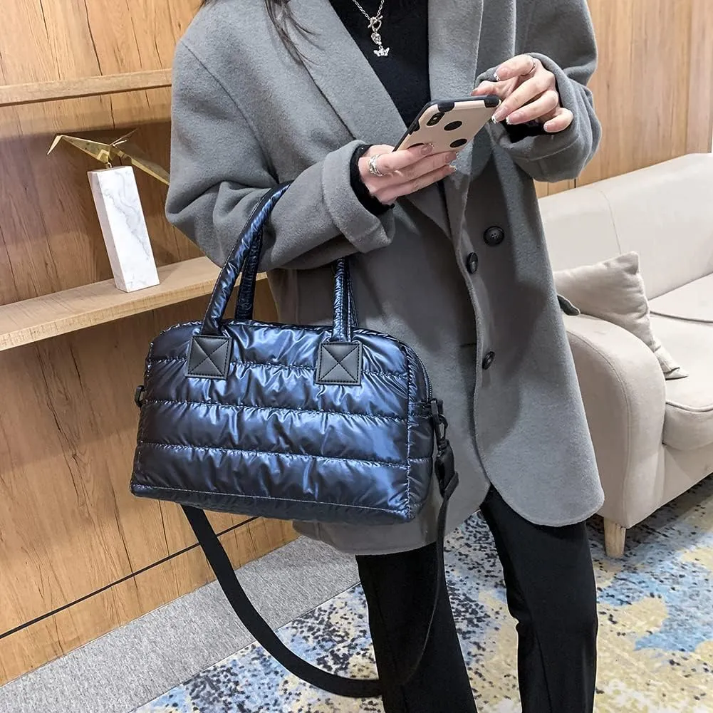 Puffer Tote Bag for Women, Quilted Cotton Padded Designer Handbag, Winter Down Padded Shoulder Bag