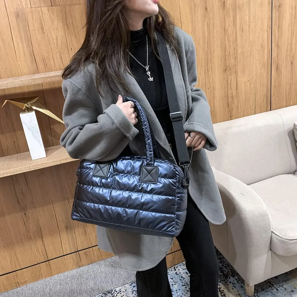 Puffer Tote Bag for Women, Quilted Cotton Padded Designer Handbag, Winter Down Padded Shoulder Bag