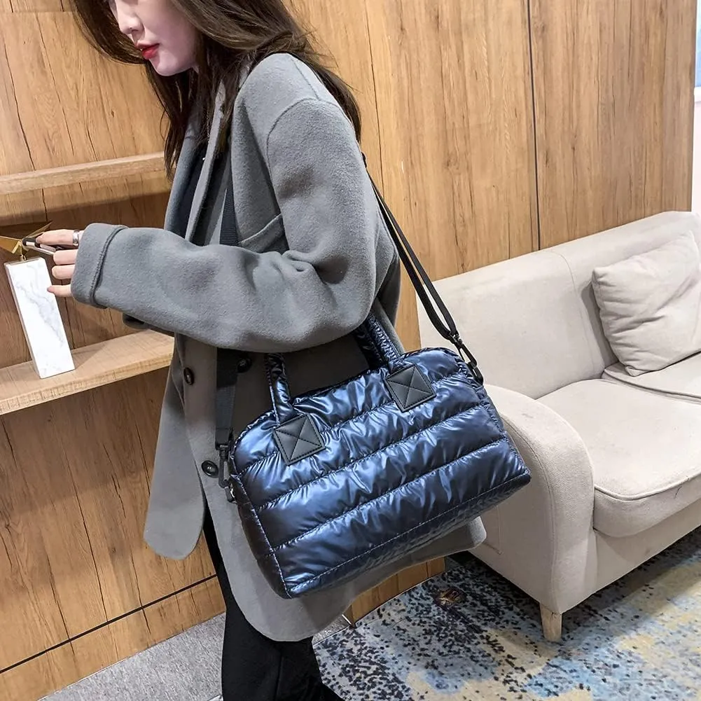 Puffer Tote Bag for Women, Quilted Cotton Padded Designer Handbag, Winter Down Padded Shoulder Bag