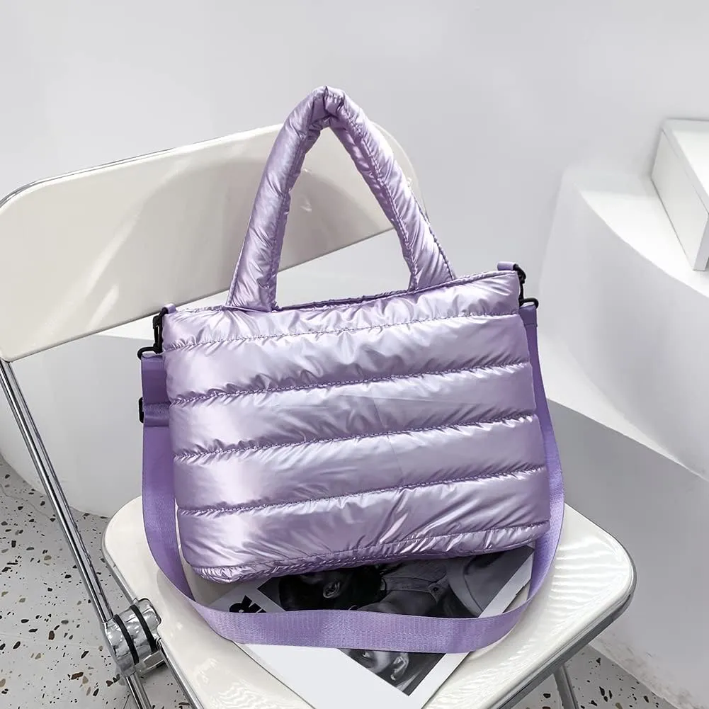Puffer Tote Bag for Women, Quilted Cotton Padded Designer Handbag, Winter Down Padded Shoulder Bag