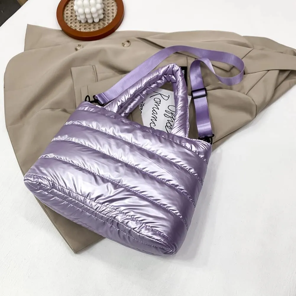 Puffer Tote Bag for Women, Quilted Cotton Padded Designer Handbag, Winter Down Padded Shoulder Bag