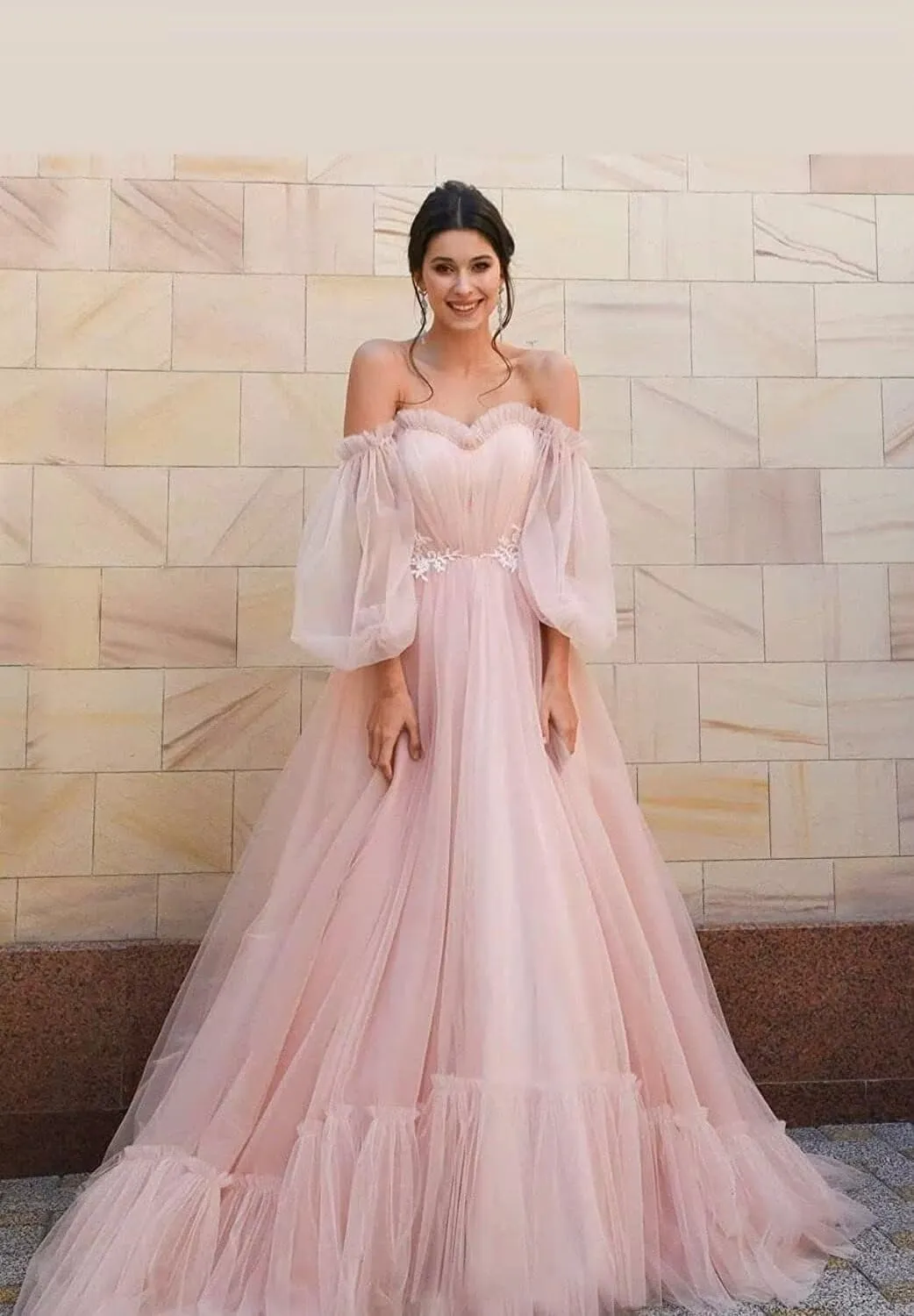 Puffy Tulle Long Sleeve Prom Dress Off The Shoulder Ruffles Laces Applique Formal Evening Gowns for Women