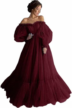 Puffy Tulle Long Sleeve Prom Dress Off The Shoulder Ruffles Laces Applique Formal Evening Gowns for Women
