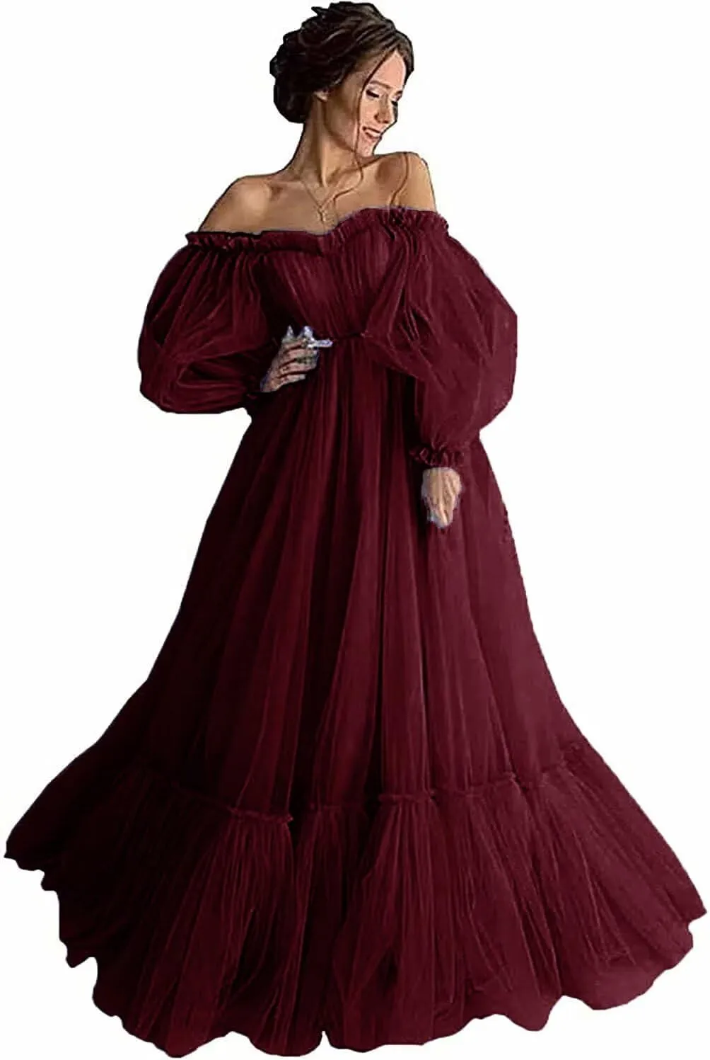 Puffy Tulle Long Sleeve Prom Dress Off The Shoulder Ruffles Laces Applique Formal Evening Gowns for Women