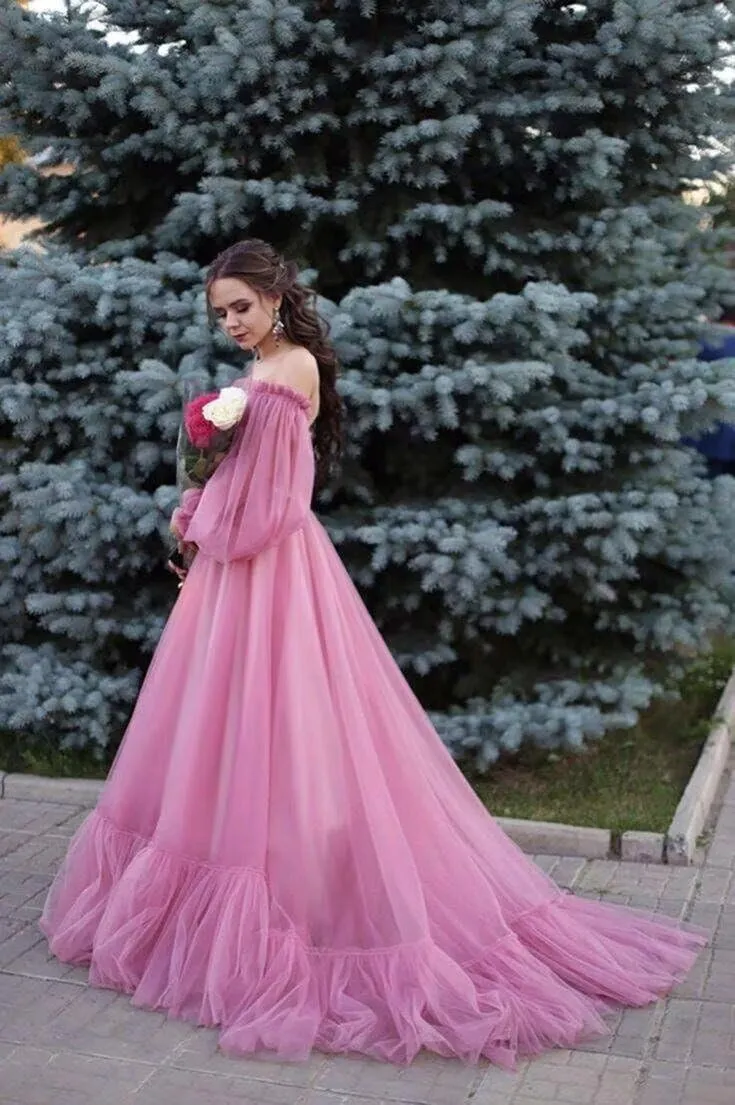 Puffy Tulle Long Sleeve Prom Dress Off The Shoulder Ruffles Laces Applique Formal Evening Gowns for Women