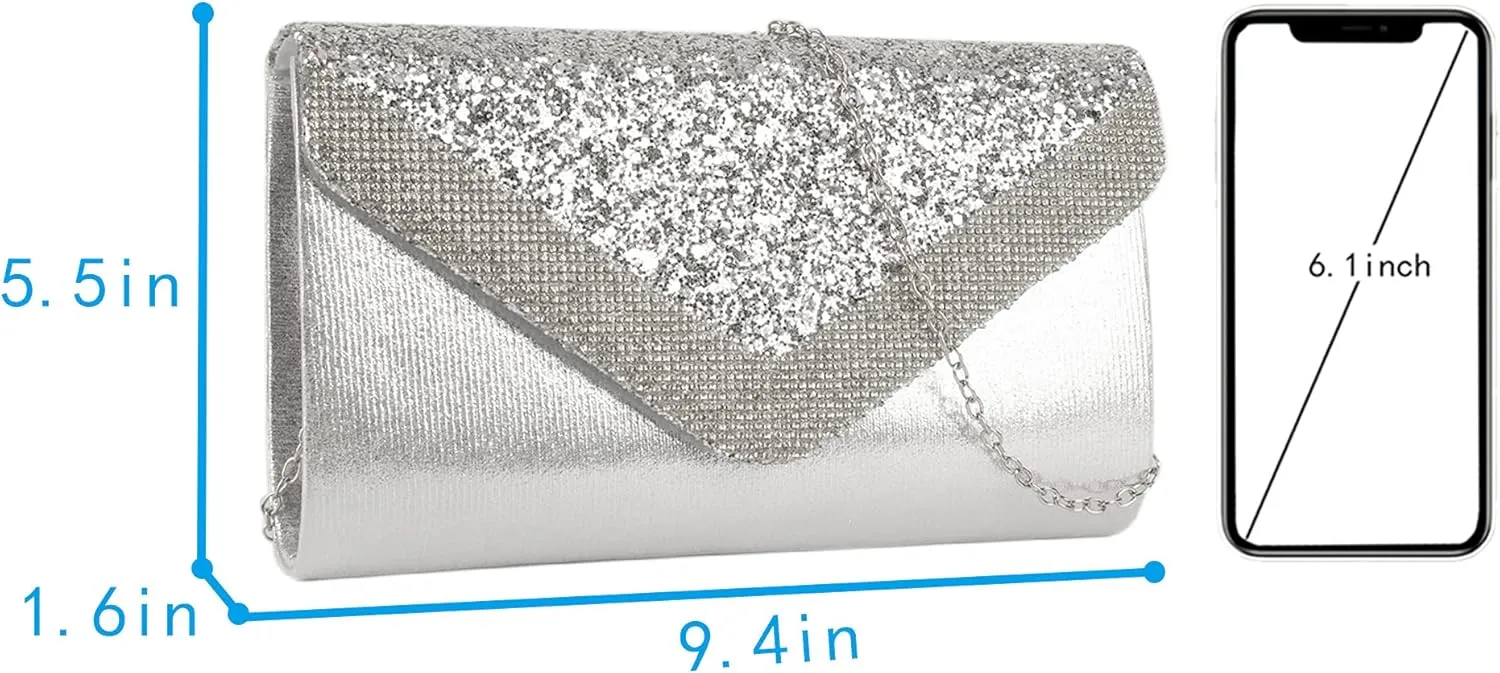 Queena Womens Shiny Glitter Evening Clutch Envelope Handbag Chain Purse for Wedding Party Prom Gift for Mom Wife Girlfriend